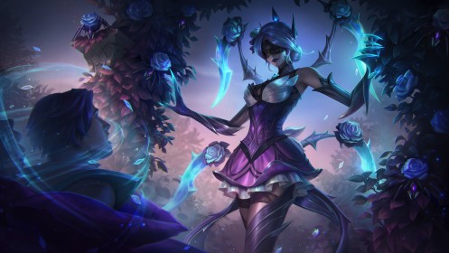 artwork,bas,cheveux argenté,cheveux court,elise (league of legends),fleurs,jeux video,league of legends,personnage feminin,personnage masculin,robe,rouge a lèvres,sourire,yeux bandés