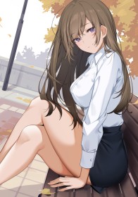 artwork,banc,chemise,cheveux chatain,cuisses,dehors,fille anime,jambes croisées,jupe,mini jupe,office lady,sourire,yeux violet