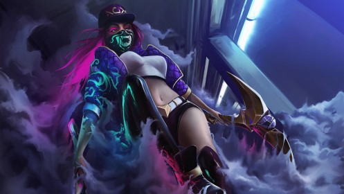 akali,arme,art digital,artwork,casquette,cheveux rose,debout,double maniement,fumée,jeux video,league of legends,masque,personnage feminin,veste,yeux jaune