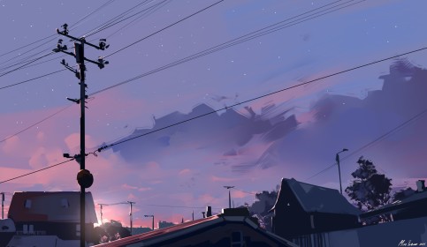 artwork,sky,sunset,environments,stars,electric line,clouds,cityscapes