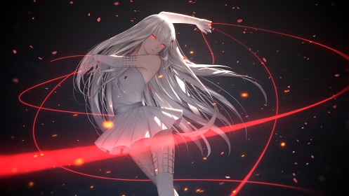 artwork,thighhighs,white hair,standing,bangs,gloves,elbow gloves,fantasy girl,dress,very long hair,red eyes