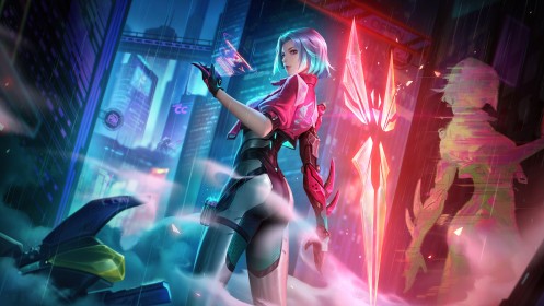 art digital,artwork,building,cheveux argenté,cheveux court,cul,cyberpunk,debout,fumée,futuriste,gants,honor of kings,jeux video,personnage feminin,pluie,regarde derrière,veste,ville