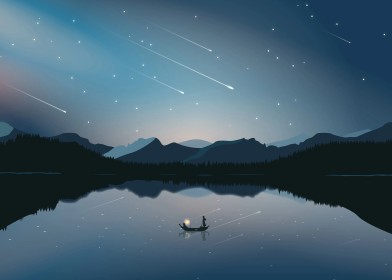 artwork,barque,ciel,eau,environnements,étoile filante,étoiles,lac,minimalisme,montagne,nuit,paysages,silhouette