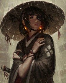 arme,artwork,cache-oeil,chapeau,cheveux brun,cheveux court,épée,guerrier,guweiz,habits japonais,katana,kimono,personnage feminin,pluie