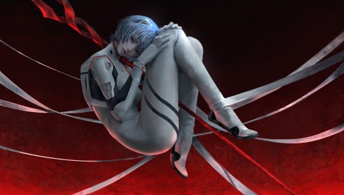 artwork,ayanami rei,background rouge,cheveux bleu,cheveux court,combinaison,neon genesis evangelion,nixeu,personnage feminin,yeux rouge