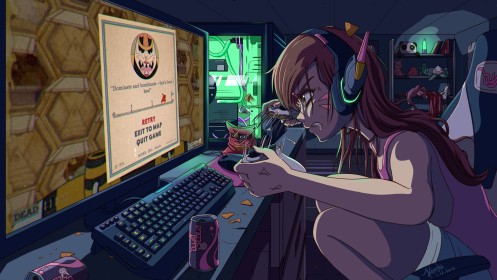 artwork,bave,blizzard entertainment,casque audio,chambre,cheveux chatain,colère,cuphead,d.va,dents serrées,écran,en train de jouer,interieur,jeux video,manette,ordinateur,overwatch,personnage feminin,veine de colère