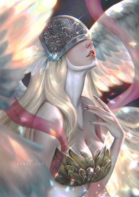 ailes,ange,angewomon,artwork,cheveux blond,cleavage,digimon,fantasy,personnage feminin,vernis mains,yeux bandés