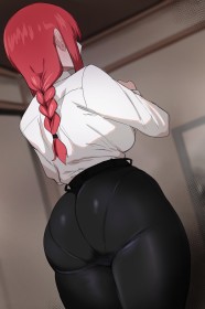 chainsaw man,chemise,cheveux rouge,cul,debout,fille anime,gros cul,grosses cuisses,habits brillants,hanches larges,makima,non-nude,office lady,queue de cheval,tresse