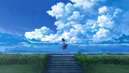 artwork,ciel,environnements,escalier,herbe,jupe,paysages,personnage feminin