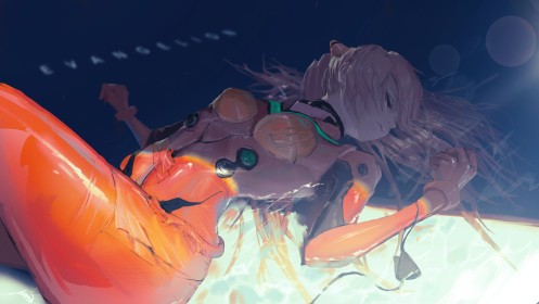 artwork,asuka langley sohryu,combinaison,neon genesis evangelion,personnage feminin,sieste,sur le dos,yeux fermés