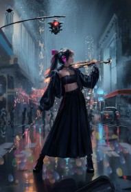 artwork,casque audio,cheveux brun,debout,feu de circulation,instrument,jupe,personnage feminin,queue de cheval,rue,veste,ville,violon,wlop