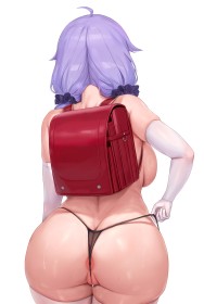 ahoge,anus,azur lane,backboob,bas,bas de lingerie,cheveux violet,couette,courbée,cul,culotte,debout,fille anime,gants,gants de coude,gros cul,gros seins,hanches larges,sac à dos,string,topless,unicorn (azur lane),visage caché