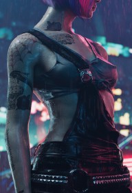 art digital,artwork,cheveux court,cheveux violet,cyberpunk 2077,judy alvarez,mouillée,personnage feminin,pluie,tatouage