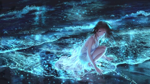 artwork,background bleu,cheveux brun,dans l'eau,eau,océan,personnage feminin,plage,robe,sourire