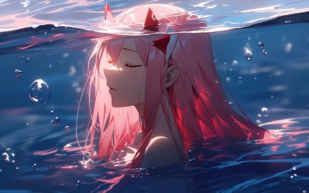 artwork,bulle,cheveux rose,cornes,dans l'eau,darling in the franxx,eau,ia art,personnage feminin,yeux fermés,zero two