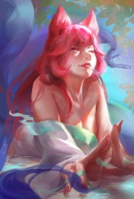 ahri,animal humanoide,artwork,cheveux rouge,fille renard,habits japonais,kimono,league of legends,ongles longs,oreilles animaux,peinture,personnage feminin,yeux fermés