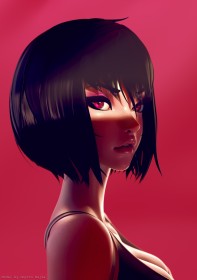 artwork,background rose,cheveux brun,cheveux court,ghost in the shell,kusanagi motoko,personnage feminin,portrait,yeux rose