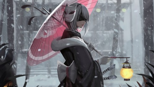 artwork,cheveux court,cheveux gris,dehors,gants,habits japonais,hiver,jeux video,kimono,lanterne,masque,neige,nier (series),parapluie,personnage feminin,yeux bandés,yorha 2b