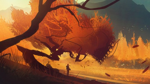 arbres,artwork,automne,background orange,environnements,feuille,nature,paysages,silhouette,vent