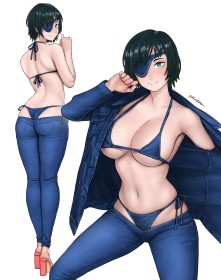 bikini,eyepatch,chainsaw man,short hair,green hair,cleavage,thighs,ass,standing,anime girls,big tits,himeno (chainsaw man),legs,jeans,multiple views,non-nude,pants,smile,high heels,underboob,uniform,jacket,blue eyes