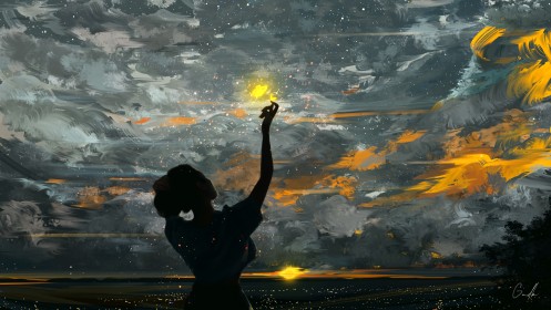 artwork,bras levés,ciel,nuages,personnage feminin,silhouette