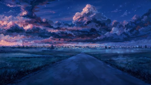 artwork,blue background,field,sky,sunset,environments,stars,clouds,night,landscape,road,city