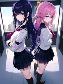 2 girls,crossed arms,socks,black hair,pink hair,thighs,standing,anime girls,bangs,genshin impact,multiple girls,ai art,skirt,miniskirt,non-nude,ponytail,raiden shogun,serafuku,braid,uniform,school uniform,yae miko,purple eyes