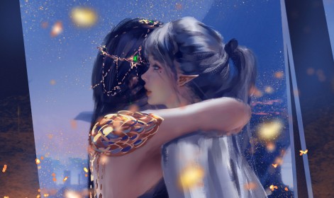 2 girls,artwork,hug,black hair,grey hair,multiple girls,firefly,pointy ears,fantasy girl,princess,ponytail,wlop