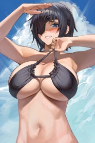 armpits,bikini,arms up,chainsaw man,black hair,short hair,cleavage,standing,outdoors,anime girls,big tits,himeno (chainsaw man),non-nude,looking down,smile,underboob,blue eyes