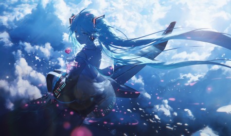 artwork,sitting,blue background,blue hair,sky,twintails,in water,hatsune miku,hair between eyes,clouds,fantasy girl,looking back,very long hair,vocaloid,blue eyes