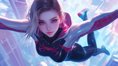 artwork,white hair,bodysuit,in the air,gwen stacy,shiny clothes,ai art,latex,fantasy girl,spider gwen,spider-man (series),superheroine,blue eyes