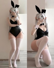 kneeling,thighhighs,stockings,caucasian,white hair,cleavage,cosplay,bunnysuit,twintails,standing,elf,fake animal ears,women,frieren,thick thighs,wide hips,legs,leotard,mersweb,multiple views,non-nude,pointy ears,medium tits,selfshot,smartphone,sousou no frieren