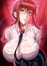 red background,chainsaw man,shirt,red hair,cleavage,curvy,standing,anime girls,bangs,big tits,see through,wide hips,makima,wet,non-nude,office lady,pants,ponytail,huge tits,bra,thigh gap,braid,yellow eyes