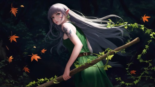 artwork,white hair,elf,fantasy,leaves,forest,bangs,pointy ears,fantasy girl,looking back,dress,tattoo,very long hair,green eyes