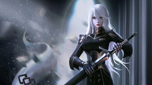 angelise reiter,weapon,armor,artwork,knight,white hair,sword,final fantasy (series),final fantasy xiv,video games,hair between eyes,fantasy girl,very long hair,blue eyes