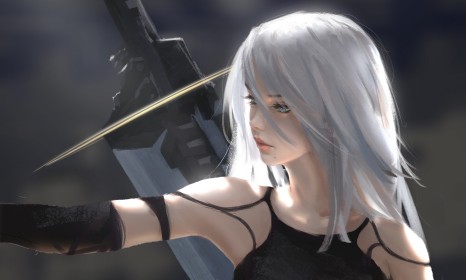 weapon,artwork,white hair,sword,hair between eyes,nier (series),fantasy girl,portrait,wlop,blue eyes,yorha 2b