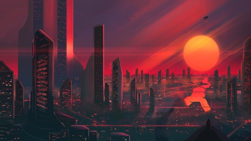 artwork,building,sunset,environments,futuristic,skyscraper,cityscapes,science fiction,sun,city