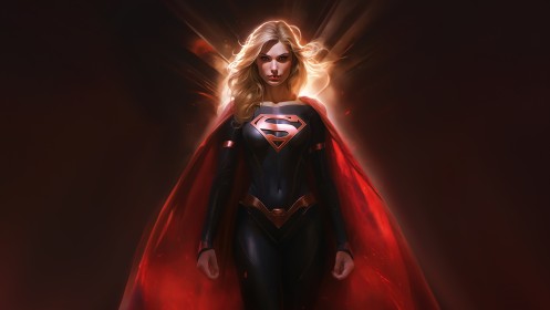 artwork,cape,blonde hair,bodysuit,standing,anime girls,marvel,fantasy girl,superheroine,supergirl,superman (series)