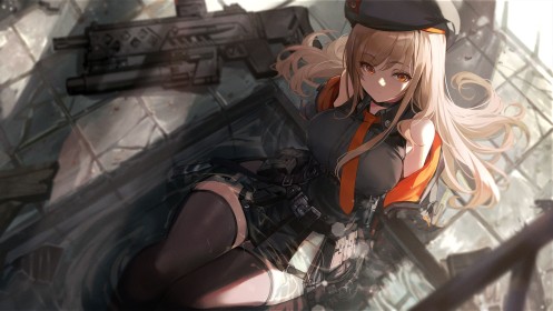 artwork,sitting,thighhighs,stockings,hat,brown hair,curvy,bangs,goddess of victory nikke,big tits,thick thighs,wide hips,skirt,fantasy girl,rapi (nikke),orange eyes