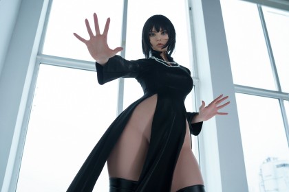 caucasian,short hair,cosplay,thighs,standing,women,fubuki (one punch man),thick thighs,wide hips,hands (focus),non-nude,one punch man,looking down,dress,no panties,vinnegal,green eyes