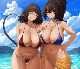 2 girls,at the beach,bikini,arms behind back,black hair,multicolored hair,cleavage,wink,curvy,thighs,standing,outdoors,clenched teeth,anime girls,bangs,big tits,thick thighs,multiple girls,wide hips,jane doe (zenless zone zero),hand on hip,hair between eyes,non-nude,one eye closed,animal ears,pubic hair,tail,ponytail,sarong,huge tits,smile,thong,thigh gap,yellow eyes,green eyes,zaphn,zenless zone zero,zhu yuan