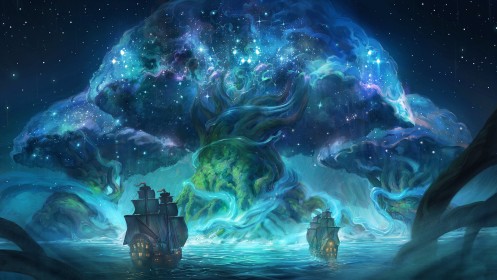 trees,artwork,boat,water,environments,stars,fantasy,magic,night,ocean