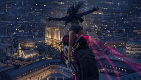 artwork,ass,in the air,gloves,motorcycle,cityscapes,fantasy girl,shorts,denim shorts,city,wlop