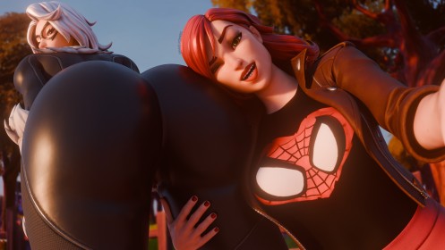 2 filles,3d,black cat (marvel),cheveux blanc,cheveux rouge,clin d'oeil,combinaison,cul,dehors,fille anime,fortnite,gros cul,grosses cuisses,groupe de filles,habits brillants,marvel,mary jane watson,non-nude,oeil fermé,regarde derrière,sourire,spider-man (series),super-héroïne,vernis mains