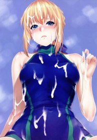 artoria pendragon,cheveux blond,cheveux court,facial,fate (series),fille anime,frange,larmes,maillot de bain,rougeur,sperme,sperme sur le corps,sperme sur les cheveux,sperme sur les habits,yeux bleu