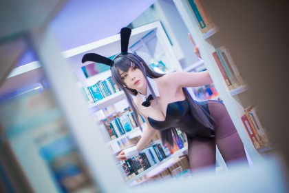 accessoire de cheveux,barrette,bibliotheque,bunny girl senpai,caucasien,cheveux gris,cleavage,collant,cosplay,costume de lapin,cuisses,fausses oreilles animaux,femme,frange,leotard,noeud papillon,penchée,sakurajima mai,sayafox