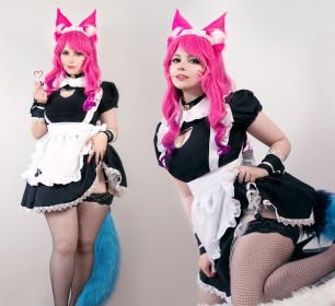 ahri,animal humanoide,bas,bas de lingerie,bas en résille,caucasien,cheveux rose,cosplay,cuisses,femme,fille renard,grosses cuisses,league of legends,maid,multiples vues,nmirikashi,oreilles animaux,résille,vernis mains