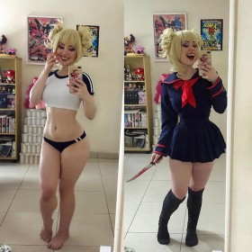 arme,caucasien,cheveux blond,cheveux court,corps entier,cosplay,crocs,culotte,debout,double chignon,femme,frange,himiko toga,jupe,maria fernanda (fegalvao),mini jupe,multiples vues,my hero academia,sourire,uniforme scolaire