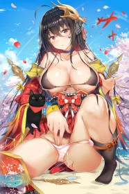 accessoire de cheveux,ahoge,assis,azur lane,bikini,cheveux brun,choker,cleavage,dehors,fille anime,frange,gros seins,habits japonais,kimono,mèche entre les yeux,non-nude,taihou (azur lane),yeux rouge