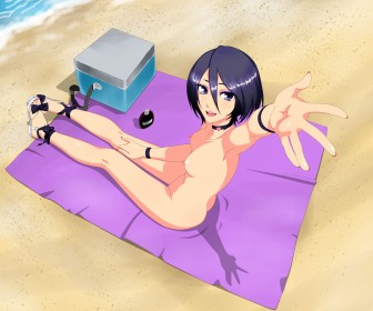 at the beach,armpits,sitting,bleach,blue hair,short hair,choker,full body,outdoors,toes,anime girls,legs,kuchiki rukia,hair between eyes,nude,small tits,sandals,smile,nipples,toenail polish,blue eyes